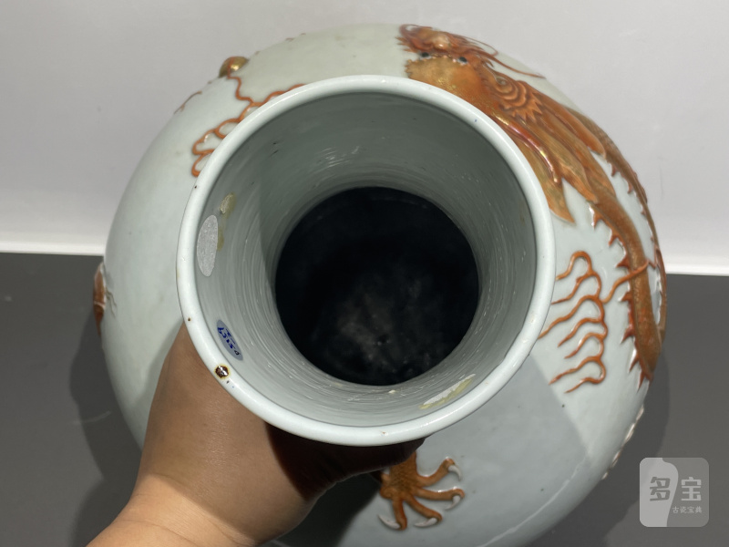清光绪 粉彩浮雕鱼化龙纹天球瓶一对 - 图22